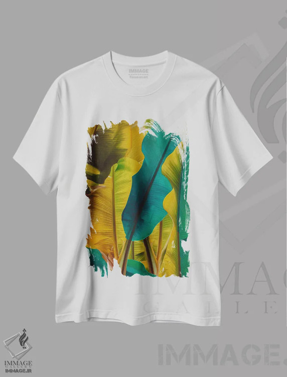 تیشرت سفید طرح دار برگ های موز به رنگ فیروزه ای و زرد، تزئینی اثر ایوجنیا بیدیوک | فروشگاه ایماژ