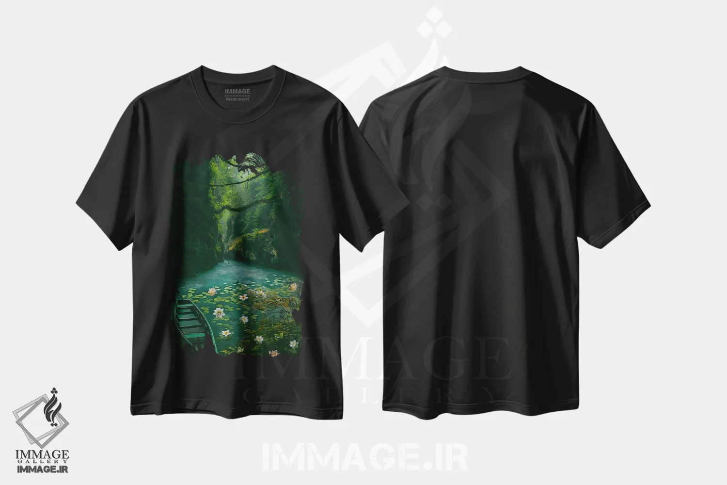 تیشرت مشکی طرح دار قایق سبز روی دریاچه با نیلوفرها در دره، تزئینی اثر ایوجنیا بیدیوک | فروشگاه ایماژ