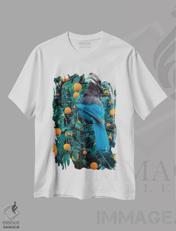 تیشرت سفید طرح دار مرغ مقلد روی درخت نارنجی، تزئینی اثر ایوجنیا بیدیوک | immage.ir