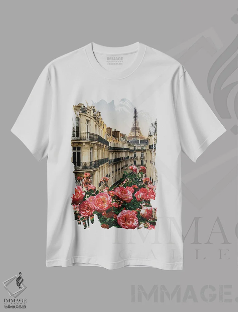 تیشرت سفید طرح دار رزهای صورتی در خیابان های پاریس، تزئینی اثر ایوجنیا بیدیوک | فروشگاه ایماژ