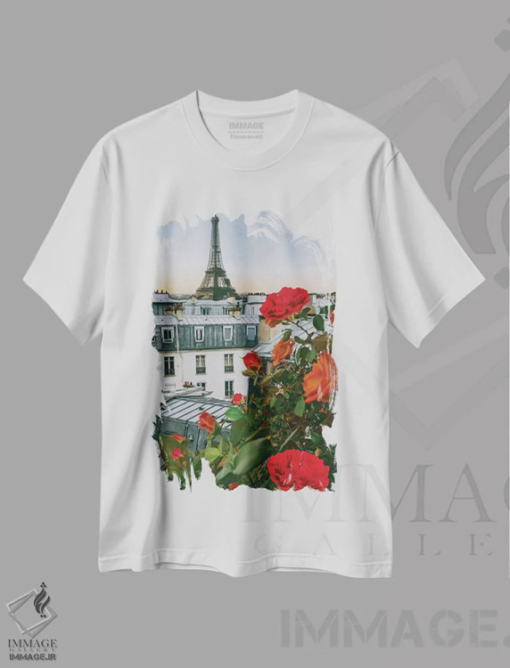 تیشرت سفید طرح دار رزهای نارنجی بر پس زمینه پاریس، تزئینی اثر ایوجنیا بیدیوک | immage.ir