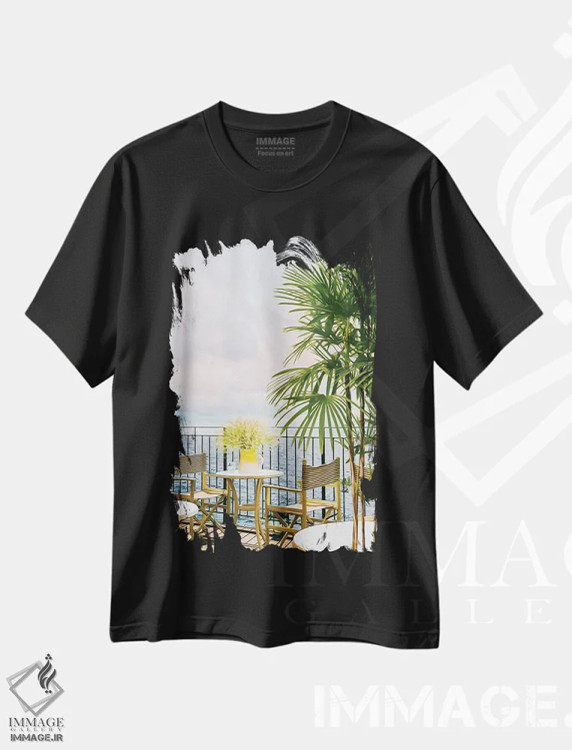 تیشرت مشکی طرح دار بالکنی مشرف به دریا، تزئینی اثر ایوجنیا بیدیوک | immage.ir