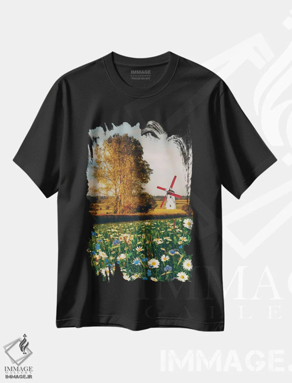 تیشرت مشکی طرح دار آسیاب در دره و چمنزاری با گل های بابونه شکوفا، تزئینی اثر ایوجنیا بیدیوک | immage.ir