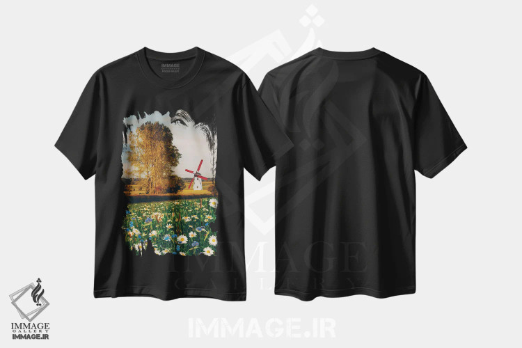 تیشرت مشکی طرح دار آسیاب در دره و چمنزاری با گل های بابونه شکوفا، تزئینی اثر ایوجنیا بیدیوک | immage.ir