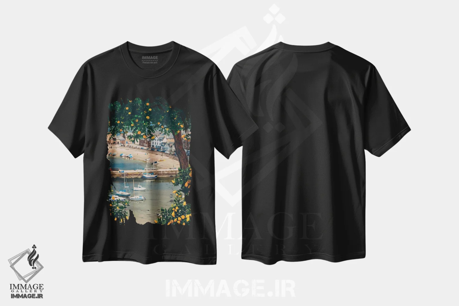 تیشرت مشکی طرح دار درخت پرتقال بر پس زمینه خلیج با قایق های تفریحی، تزئینی اثر ایوجنیا بیدیوک | immage.ir