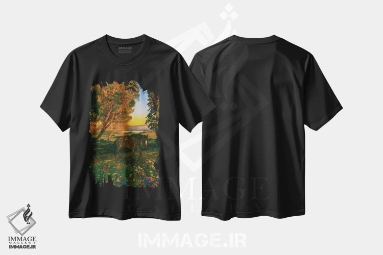 تیشرت مشکی طرح دار کره اسب وحشی در چمنزاری گلدار در جنگل، دکور روستایی اثر ایوجنیا بیدیوک | فروشگاه ایماژ