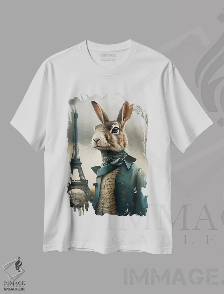 تیشرت سفید طرح دار یک خرگوش در پاریس، تزئینی اثر ایوجنیا بیدیوک | فروشگاه ایماژ