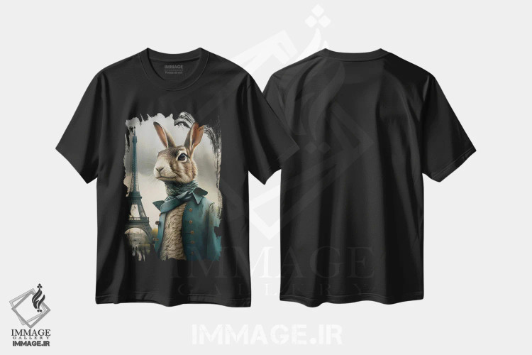 تیشرت مشکی طرح دار یک خرگوش در پاریس، تزئینی اثر ایوجنیا بیدیوک | immage.ir