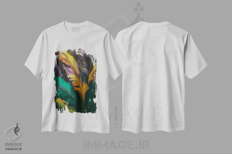 تیشرت سفید طرح دار انتزاعی از برگ های نخل، تزئینی اثر ایوجنیا بیدیوک | فروشگاه ایماژ