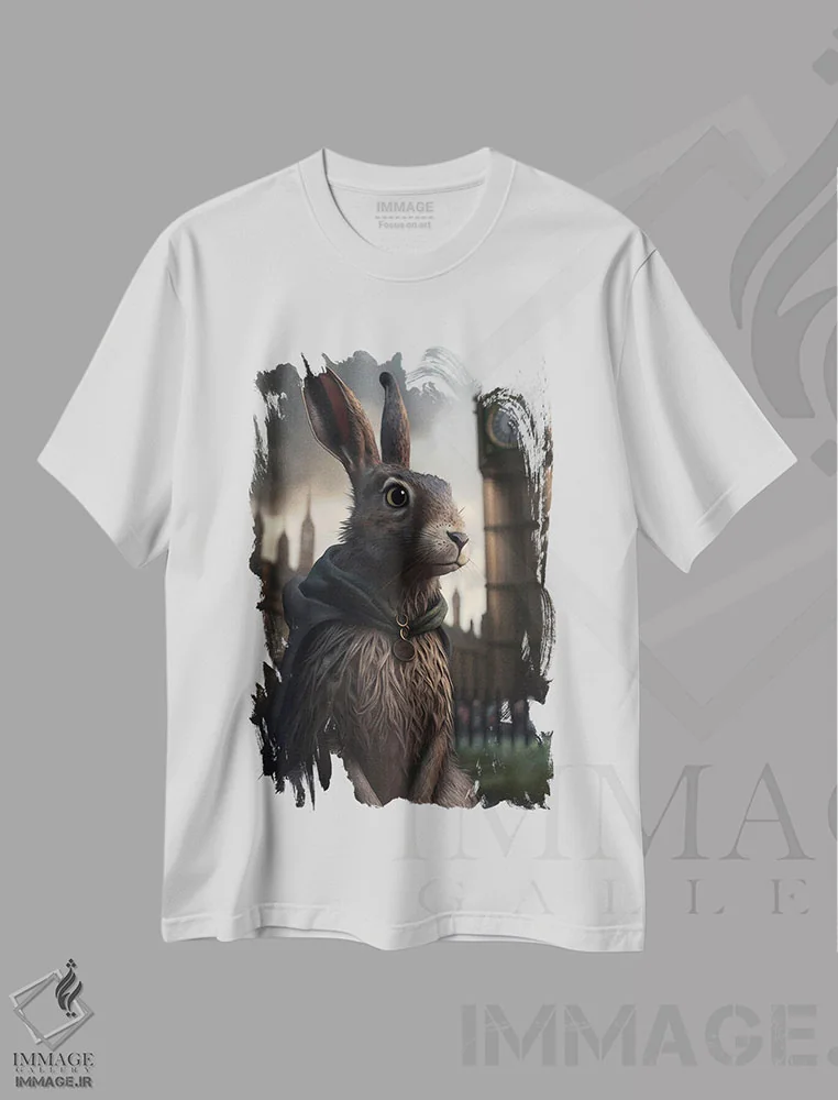 تیشرت سفید طرح دار یک خرگوش در لندن، تزئینی اثر ایوجنیا بیدیوک | immage.ir