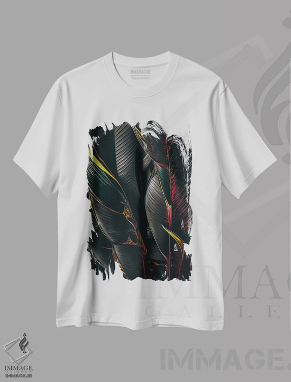 تیشرت سفید طرح دار برگ های استوایی سیاه، تزئینی اثر ایوجنیا بیدیوک | فروشگاه ایماژ