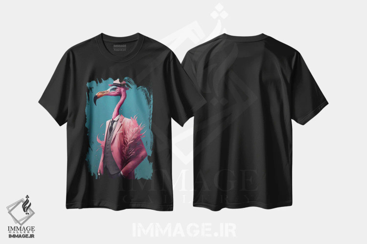 تیشرت مشکی طرح دار پرترهٔ فلامینگو صورتی با کت و کلاه صورتی، تزئینی اثر ایوجنیا بیدیوک | فروشگاه ایماژ