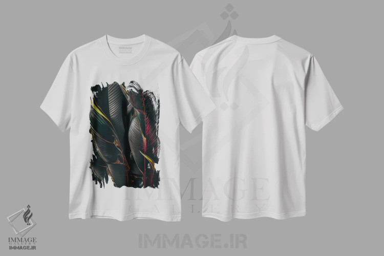 تیشرت سفید طرح دار برگ های استوایی سیاه، تزئینی اثر ایوجنیا بیدیوک | فروشگاه ایماژ