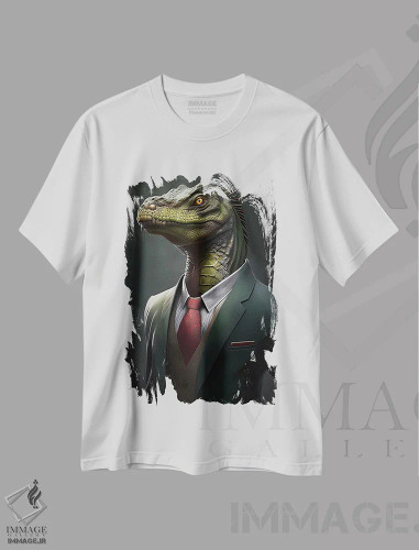 تیشرت سفید طرح دار پرترهٔ خزنده با کت، تزئینی اثر ایوجنیا بیدیوک | فروشگاه ایماژ