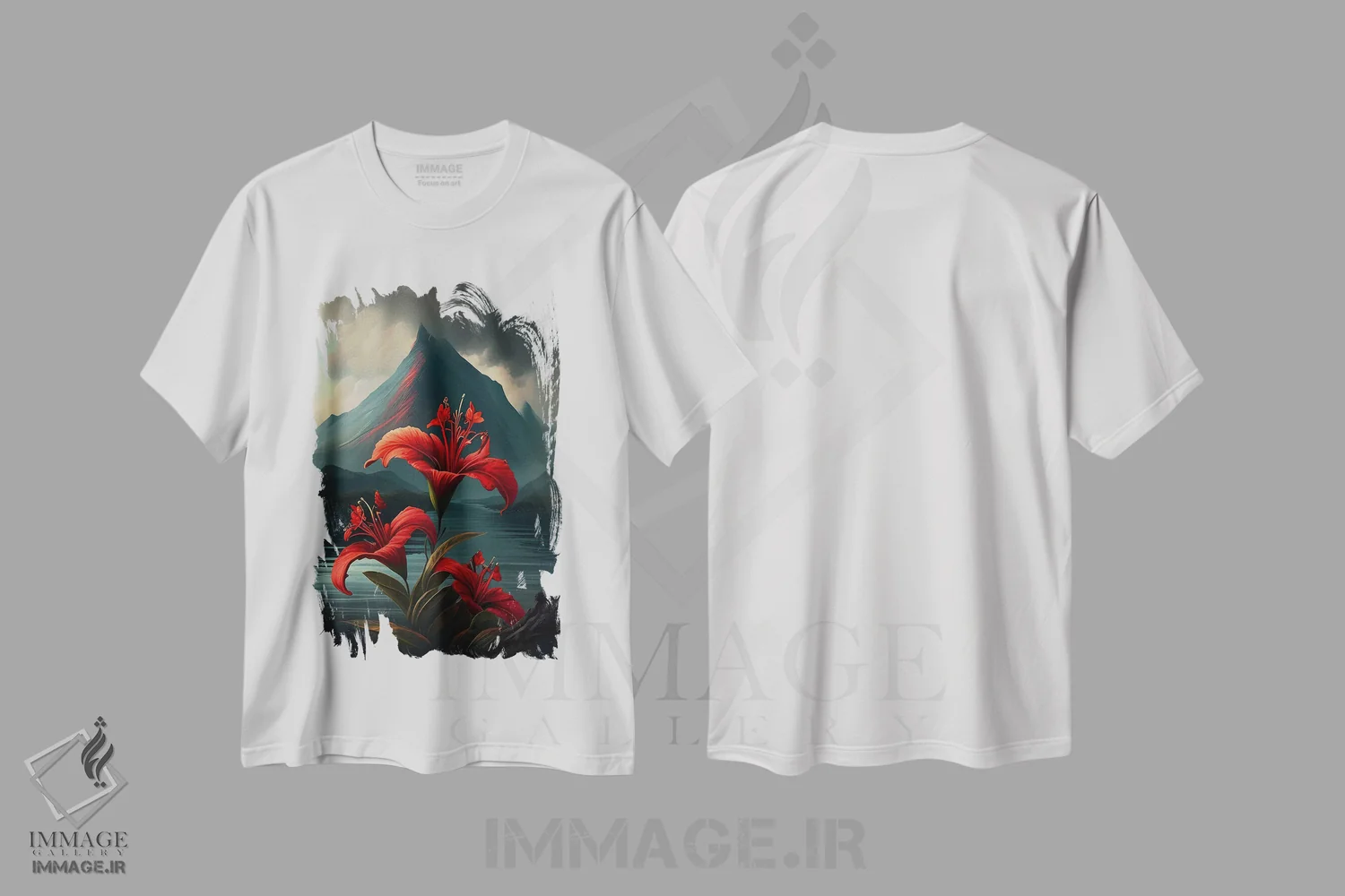 تیشرت سفید طرح دار سوسن های قرمز مقابل یک آتشفشان، تزئینی اثر ایوجنیا بیدیوک | immage.ir