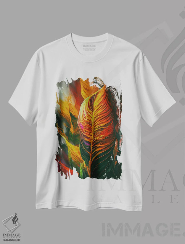 تیشرت سفید طرح دار برگ های موز و استرلیتزیا با تأکید نارنجی، تزئینی اثر ایوجنیا بیدیوک | فروشگاه ایماژ