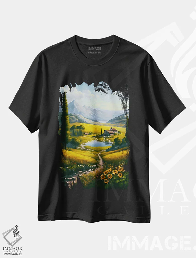 تیشرت مشکی طرح دار خانه ای در کوه های کارپات، تزئینی اثر ایوجنیا بیدیوک | فروشگاه ایماژ