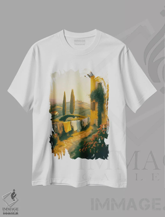 تیشرت سفید طرح دار روز آفتابی در توسکانی، تزئینی اثر ایوجنیا بیدیوک | فروشگاه ایماژ