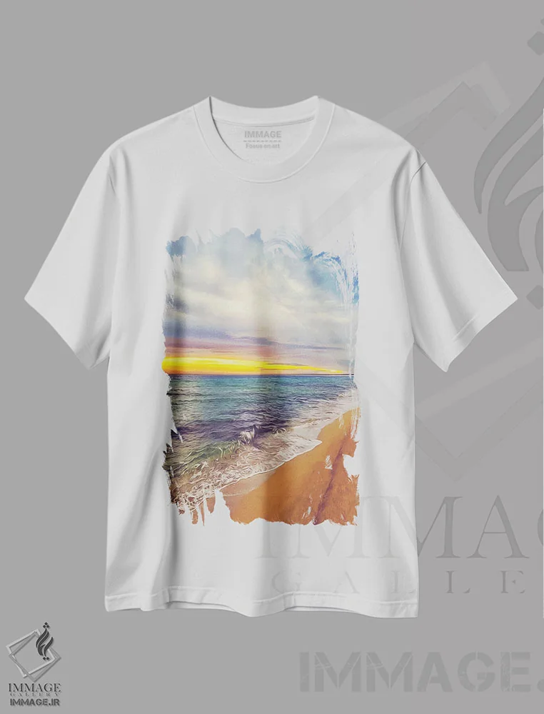 تیشرت سفید طرح دار طلوع در ساحل اقیانوس آرام، هنر دیجیتال اثر ایوجنیا بیدیوک | immage.ir