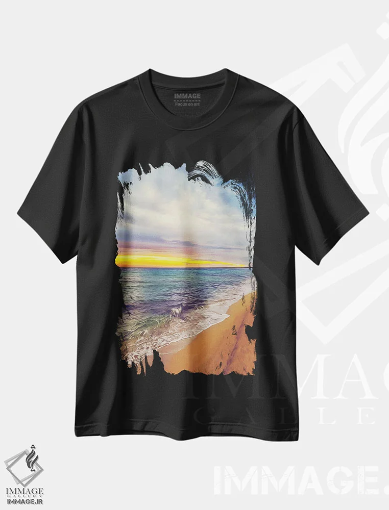 تیشرت مشکی طرح دار طلوع در ساحل اقیانوس آرام، هنر دیجیتال اثر ایوجنیا بیدیوک | فروشگاه ایماژ