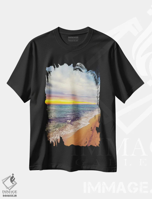 تیشرت مشکی طرح دار طلوع در ساحل اقیانوس آرام، هنر دیجیتال اثر ایوجنیا بیدیوک | فروشگاه ایماژ