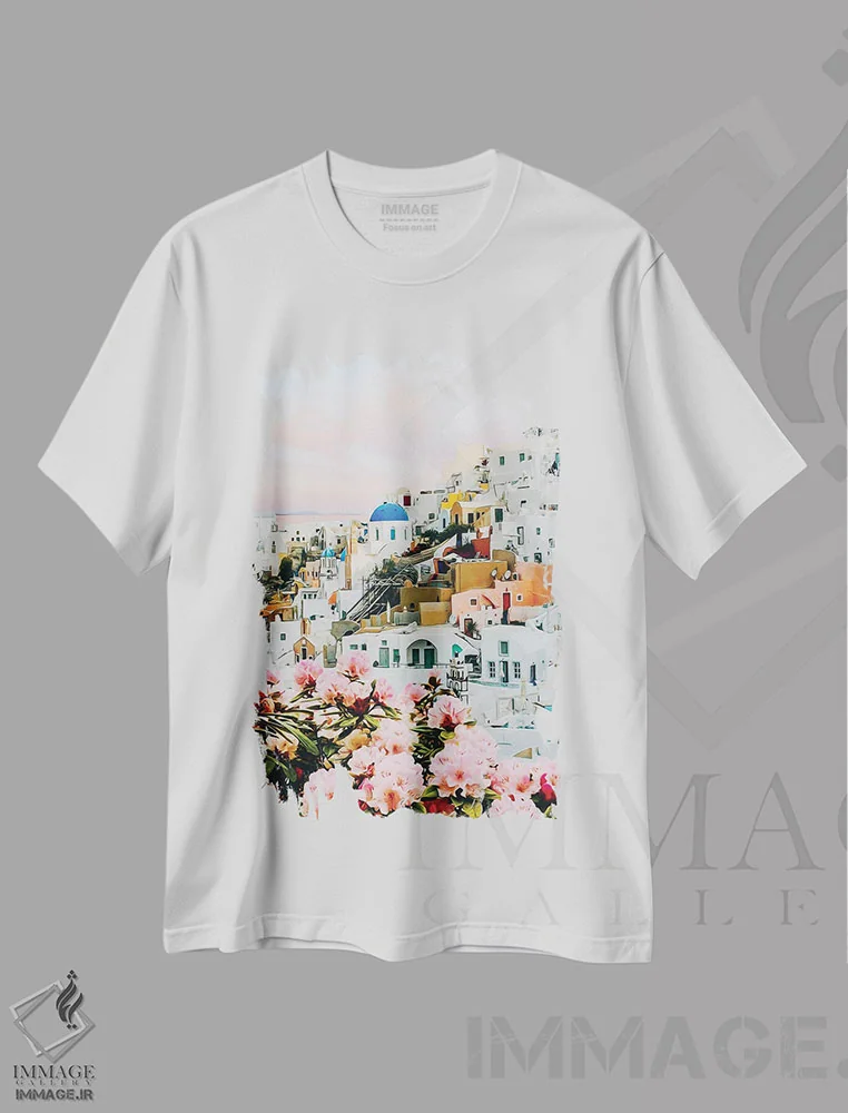 تیشرت سفید طرح دار آزالیای شکوفا در شهر یونان، هنر دیجیتال اثر ایوجنیا بیدیوک | immage.ir