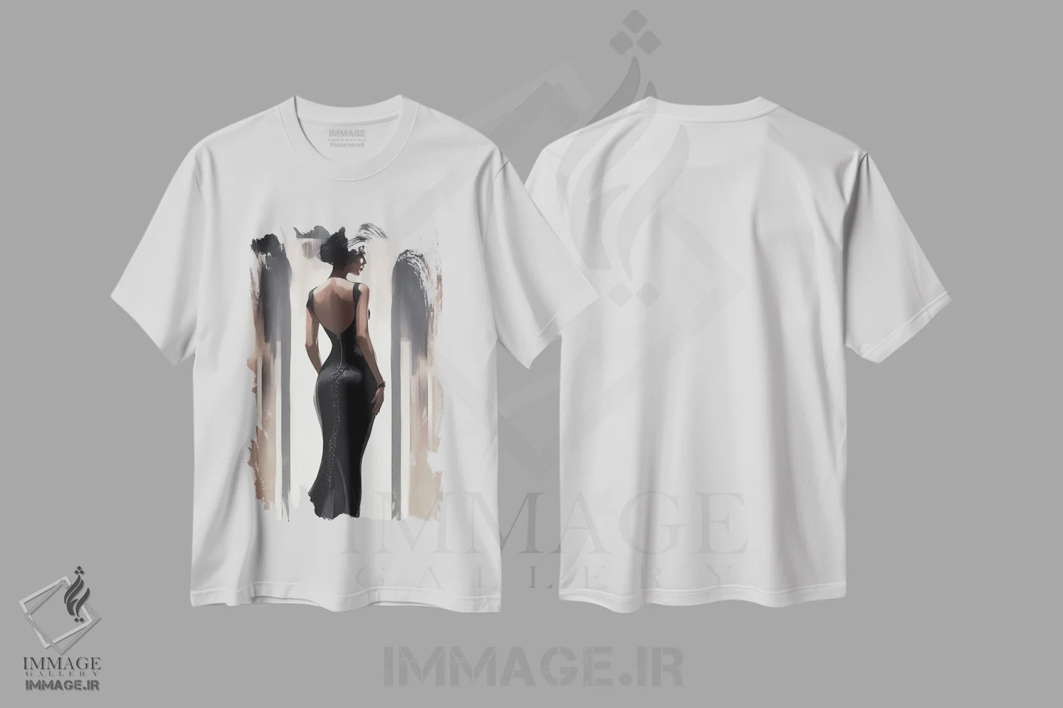 تیشرت سفید طرح دار زن با لباس مشکی، تزئینی اثر ایوجنیا بیدیوک | فروشگاه ایماژ