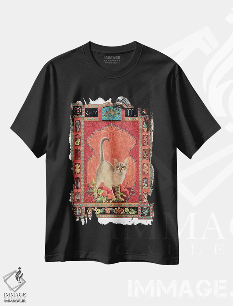 تیشرت مشکی طرح دار برج عقرب، تزئینی اثر آیوری کتس | فروشگاه ایماژ