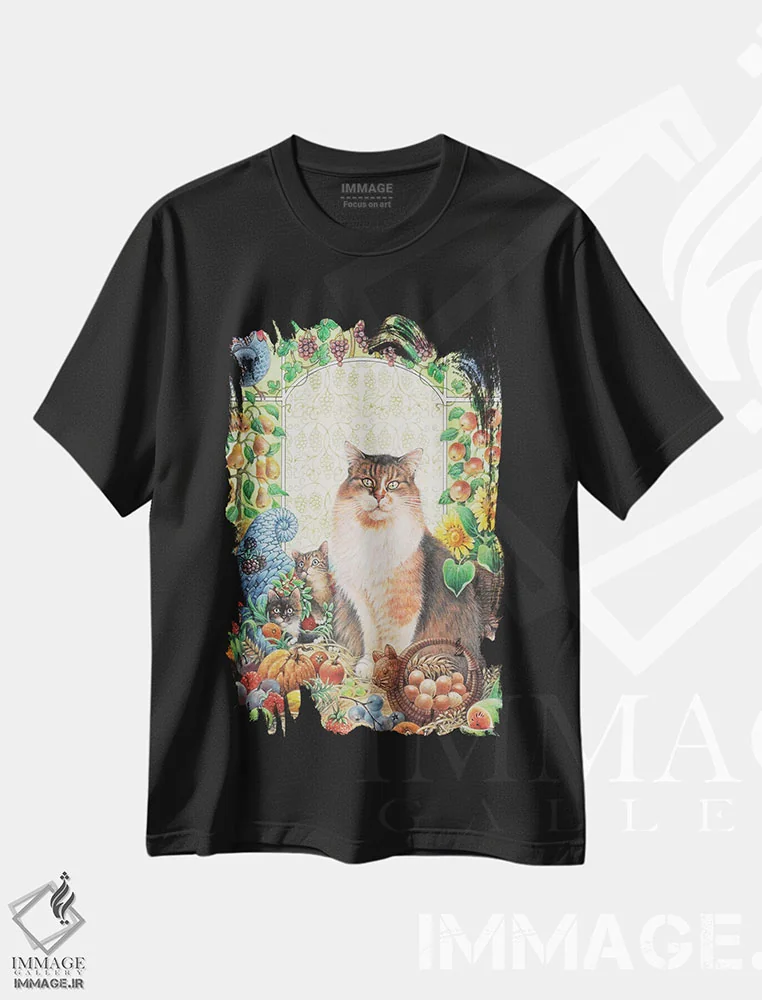 تیشرت مشکی طرح دار شکرگزاری با اگنیتا و بچه گربه هایش، تزئینی اثر آیوری کتس | فروشگاه ایماژ