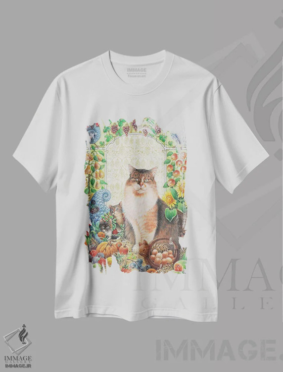 تیشرت سفید طرح دار شکرگزاری با اگنیتا و بچه گربه هایش، تزئینی اثر آیوری کتس | immage.ir