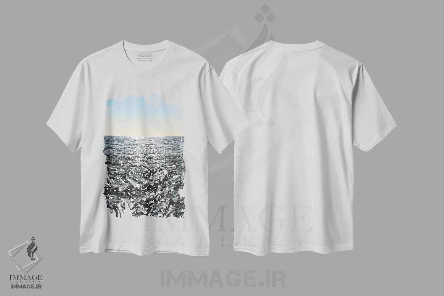 تیشرت سفید طرح دار نور آسمان اقیانوسی II، دکور ساحلی اثر ایرینا کاستسووا | فروشگاه ایماژ