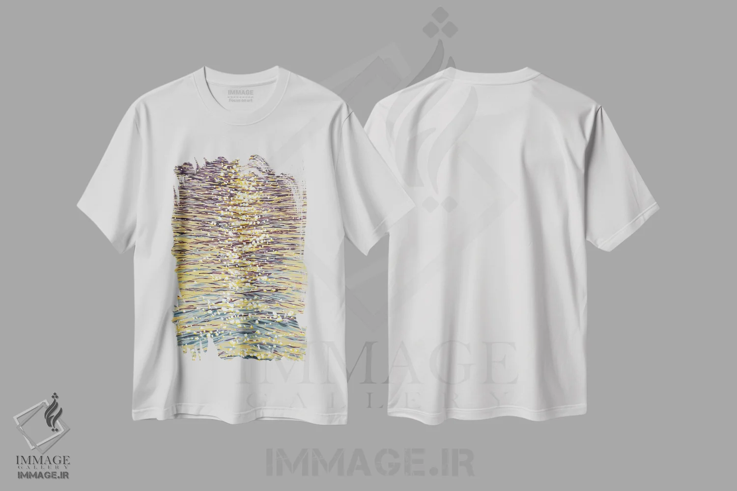تیشرت سفید طرح دار درخشش غروب روی آب VII، دکور ساحلی اثر ایرینا کاستسووا | immage.ir