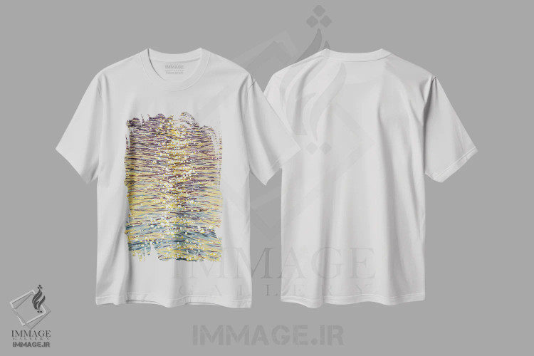 تیشرت سفید طرح دار درخشش غروب روی آب VII، دکور ساحلی اثر ایرینا کاستسووا | immage.ir