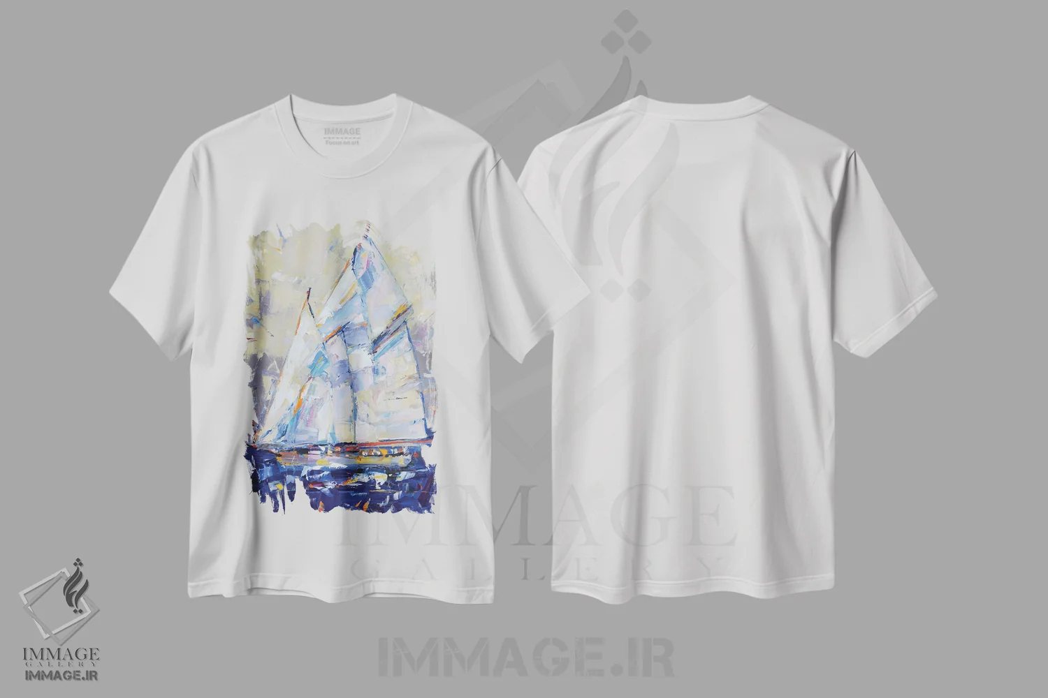تیشرت سفید طرح دار انتزاع قایق بادبانی، دکور معاصر اثر ایرینا کاستسووا | فروشگاه ایماژ