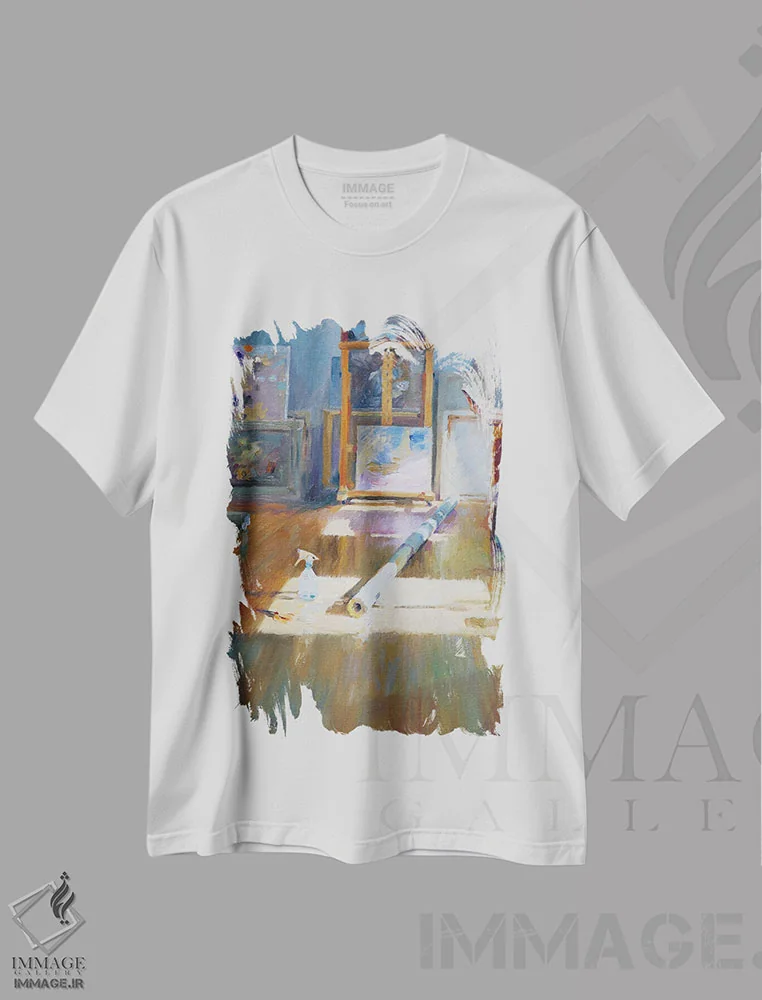 تیشرت سفید طرح دار در استودیو، هنر فاخر معاصر اثر ایگور ژوک | فروشگاه ایماژ