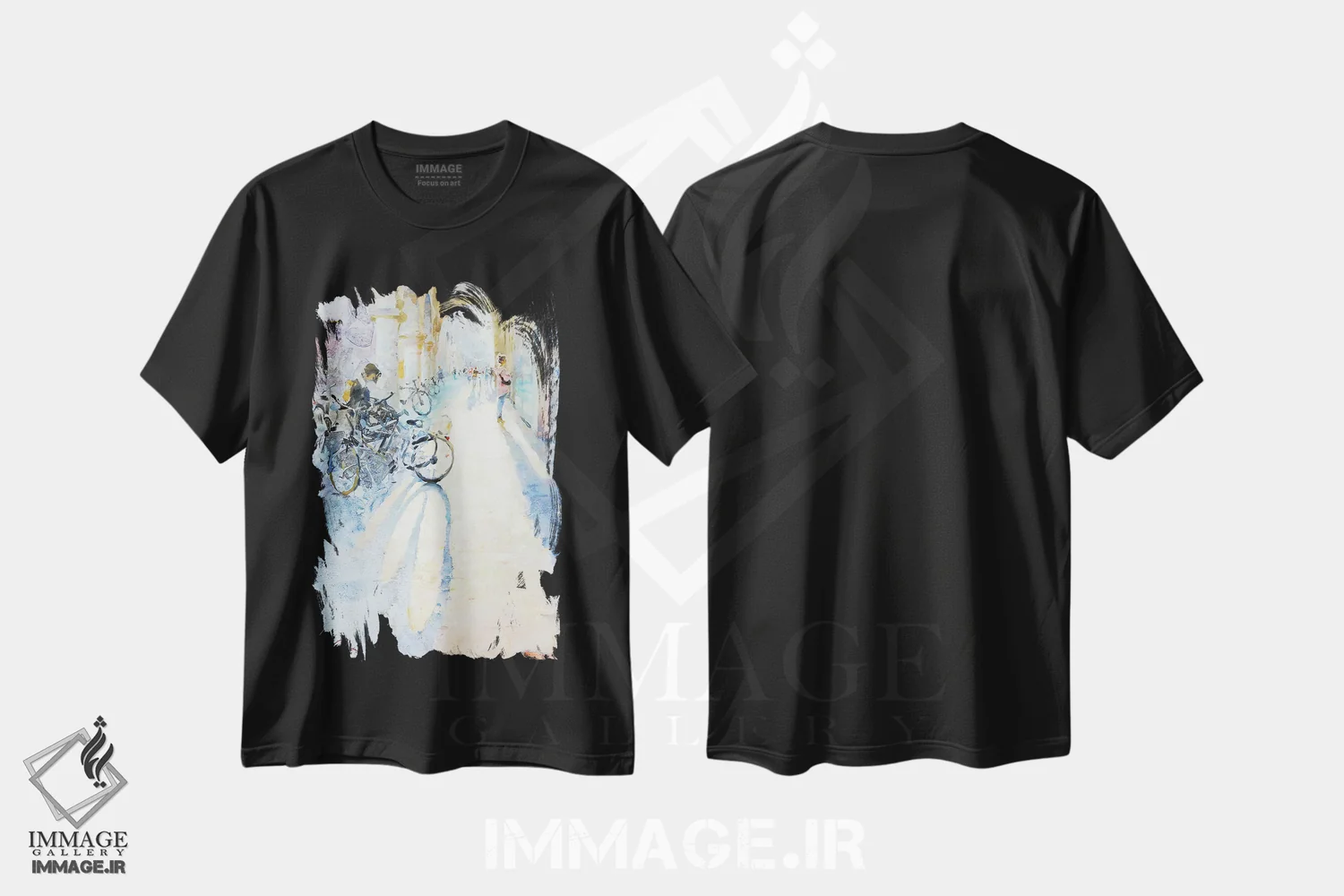 تیشرت مشکی طرح دار نور و سایه ها در شهر، هنر فاخر کلاسیک اثر ایگور ژوک | فروشگاه ایماژ