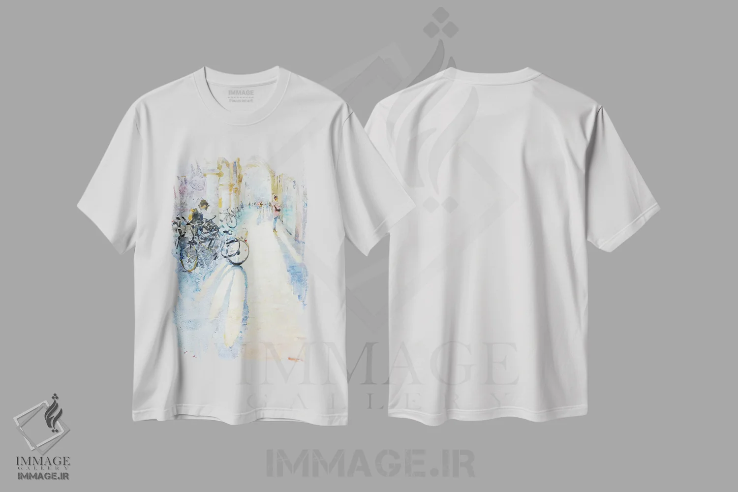 تیشرت سفید طرح دار نور و سایه ها در شهر، هنر فاخر کلاسیک اثر ایگور ژوک | immage.ir