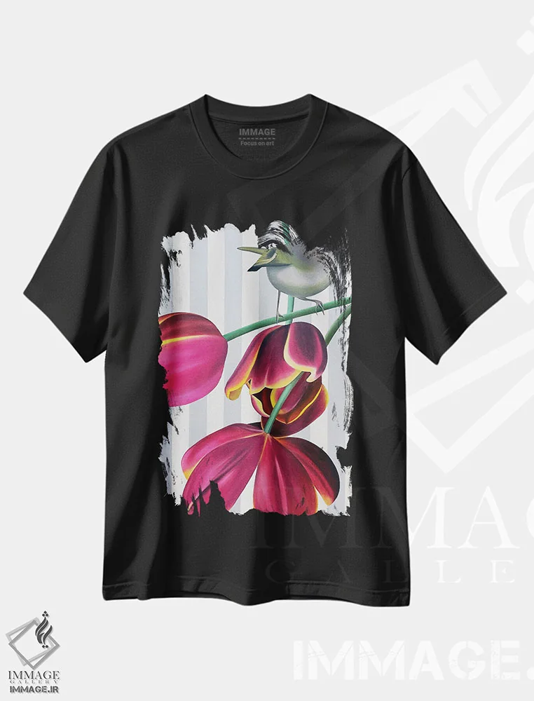 تیشرت مشکی طرح دار پرنده کله طلایی و اژدهای پرنده، دکور معاصر اثر ایلدزه اوس | فروشگاه ایماژ