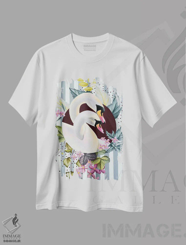 تیشرت سفید طرح دار پرندگان عاشق، دکور معاصر اثر ایلدزه اوس | فروشگاه ایماژ