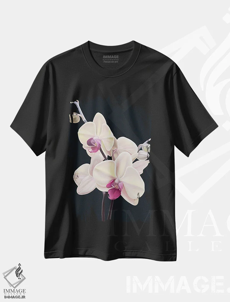 تیشرت مشکی طرح دار هلو ناملموس، دکور معاصر اثر ایلدزه اوس | فروشگاه ایماژ