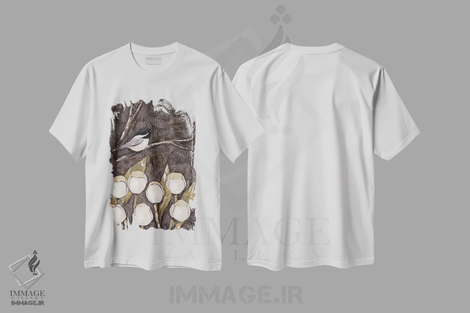 تیشرت سفید طرح دار چیکادی و لاله ها I، دکور روستایی اثر جید رینولدز | فروشگاه ایماژ