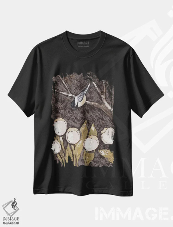 تیشرت مشکی طرح دار چیکادی و لاله ها II، دکور روستایی اثر جید رینولدز | فروشگاه ایماژ