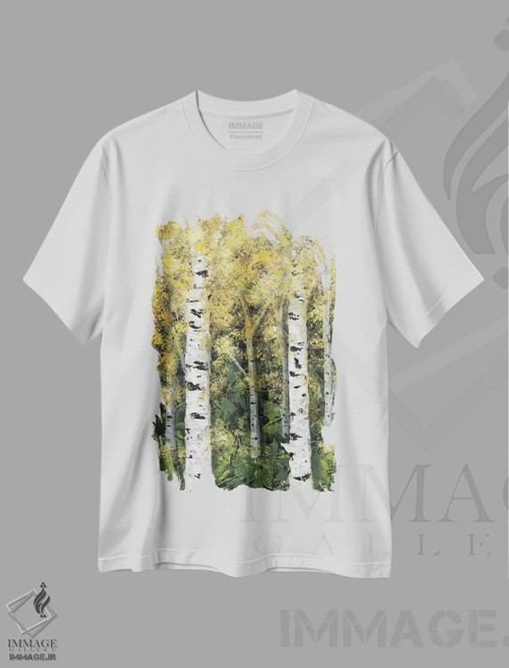 تیشرت سفید طرح دار خط درختان توسکا I، دکور کلبه و لژ اثر جید رینولدز | فروشگاه ایماژ
