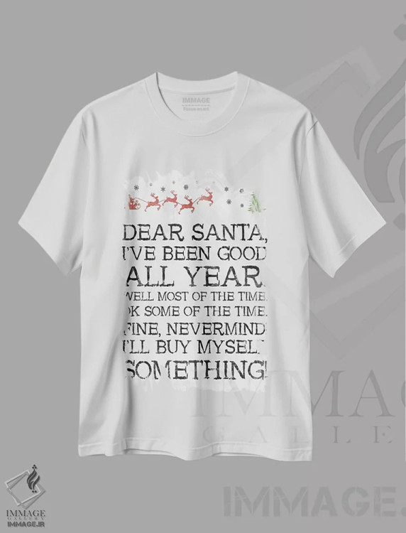 تیشرت سفید طرح دار بابانوئل عزیز بی خیال سفید، تابلو و عبار ت های کریسمسی اثر جیس گری | immage.ir