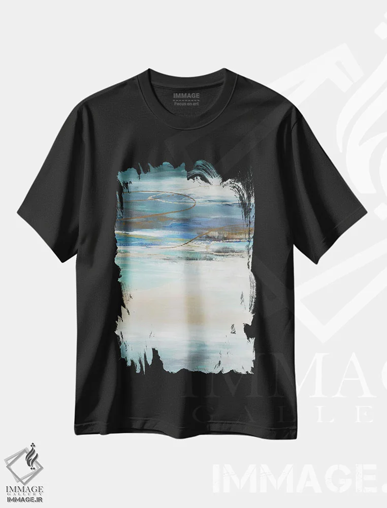 تیشرت مشکی طرح دار جستجوی جغرافیایی با رنگ های آبی اثر لیز جاردین | فروشگاه ایماژ
