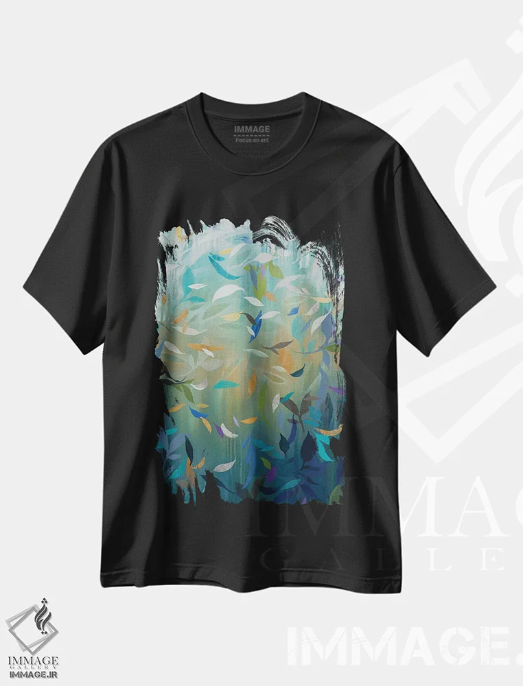 تیشرت مشکی طرح دار برگ های در حال ریزش، آبستره اثر لیز جاردین | فروشگاه ایماژ
