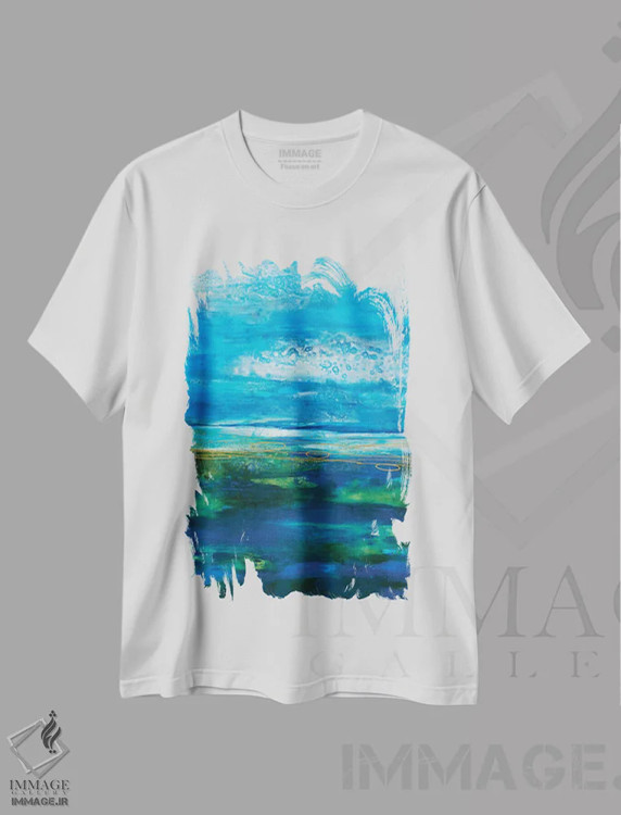 تیشرت سفید طرح دار ریتم جزیره، آبستره اثر لیز جاردین | immage.ir