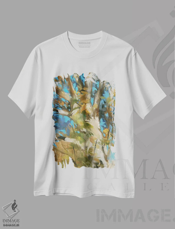 تیشرت سفید طرح دار درخت بلوط، آبستره اثر لیز جاردین | immage.ir