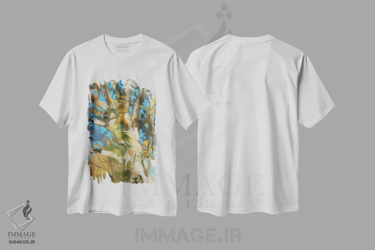 تیشرت سفید طرح دار درخت بلوط، آبستره اثر لیز جاردین | immage.ir
