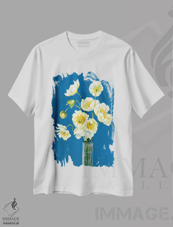 تیشرت سفید طرح دار خشخاش های یخ زده، دکور معاصر اثر لیز جاردین | فروشگاه ایماژ